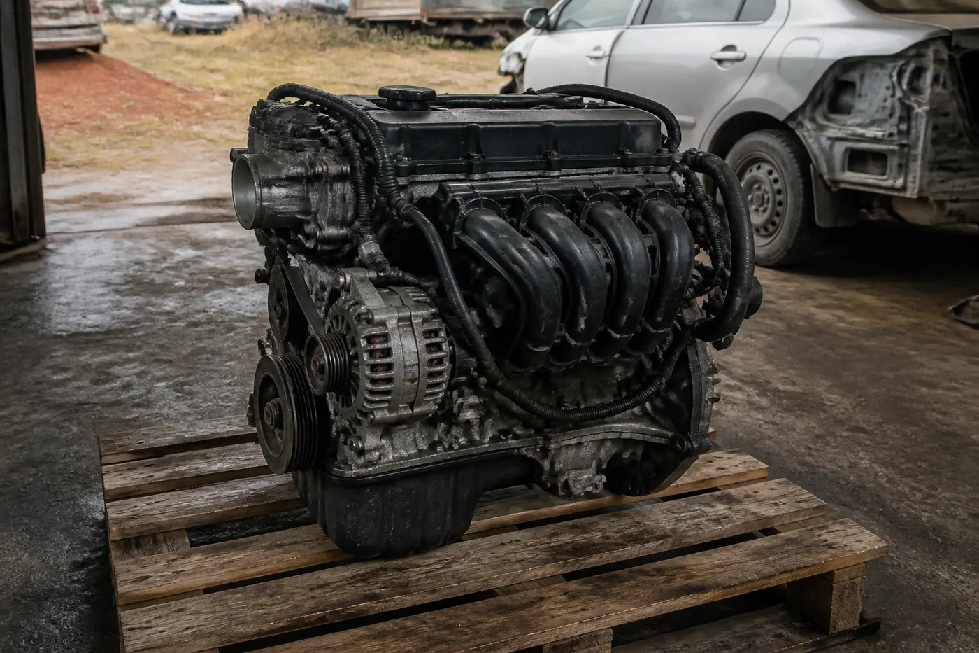 Used car engine on a pallet, ready for sale