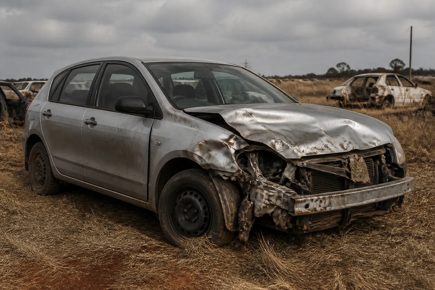 Accident-damaged hatchback waiting to be sold for scrap